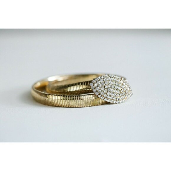 Vintage 80s Disco Gold Tone Slinky Belt with Oval Rhinestone Buckle Skinny Belt - Picture 5 of 8